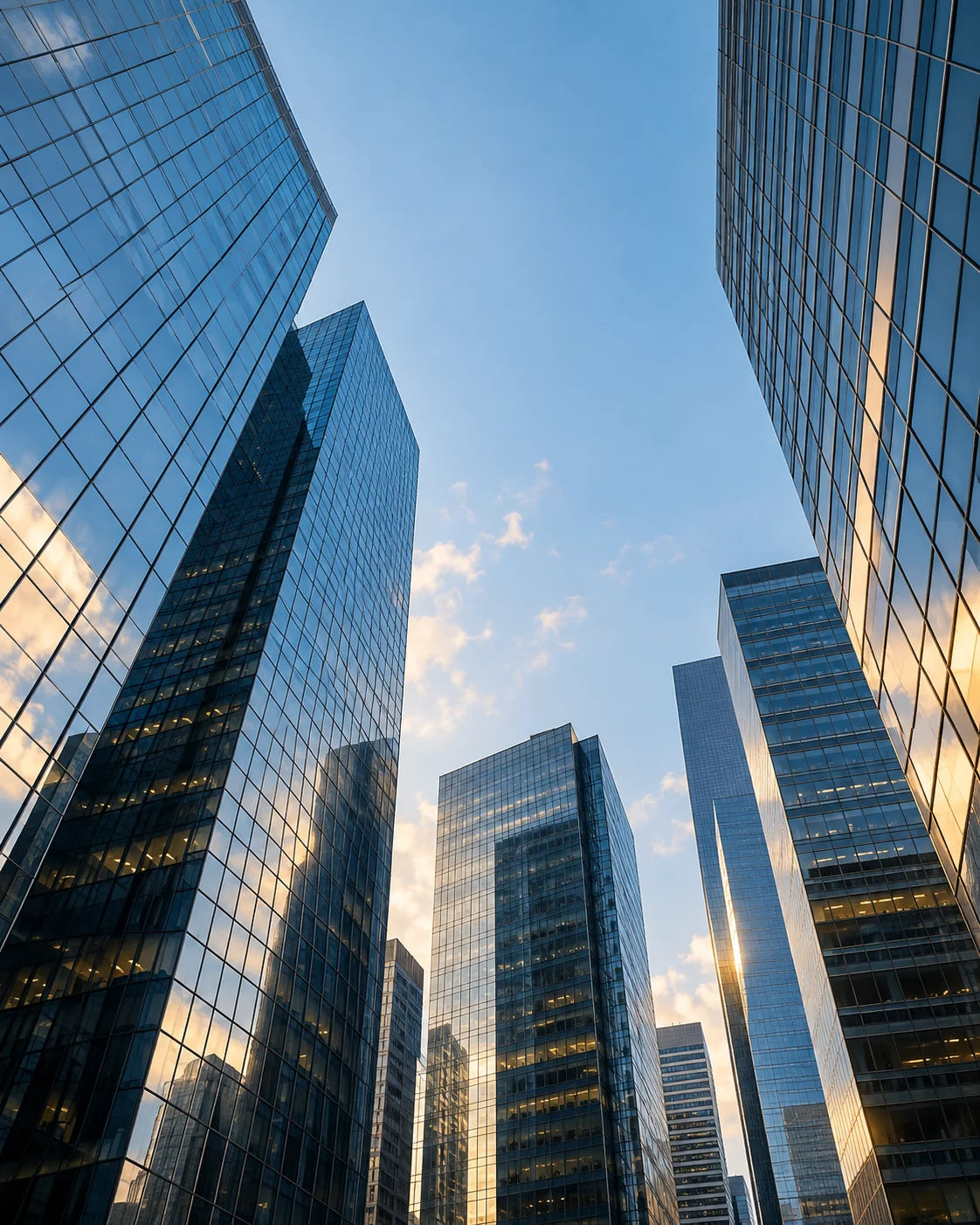 Glass office towers reflecting warm light against a blue sky